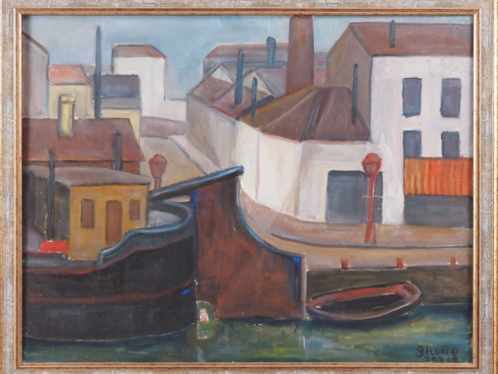 GRINE.  "Paris, le canal de la Villette" Huile sur toile, signée en ba
