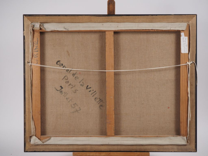 GRINE.  "Paris, le canal de la Villette" Huile sur toile, signée en ba