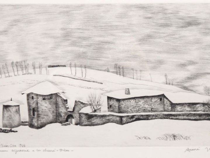 André JACQUEMIN.  "Ancienne léproserie à la Chaise Dieu" Eau forte num