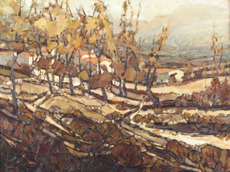 Vente aux enchères H. DE JORDAN.  "automne en Ariège" Huile sur toile, signée en bas à ga