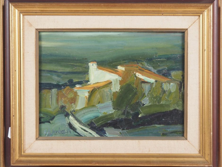 H. DE JORDAN.  "Mas catalan" Huile sur toile, signée en bas à gauche e
