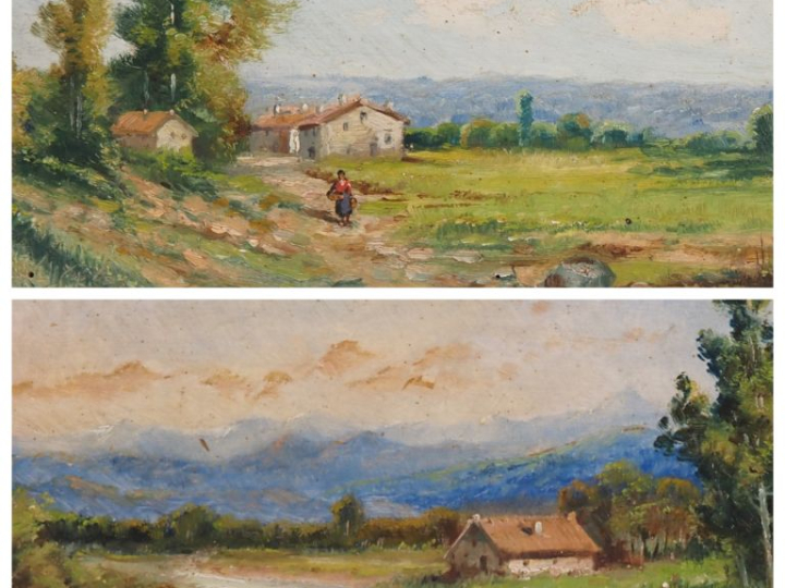 Pascal JULES.  "paysages"  Paire d'huiles sur panneaux, signées en bas