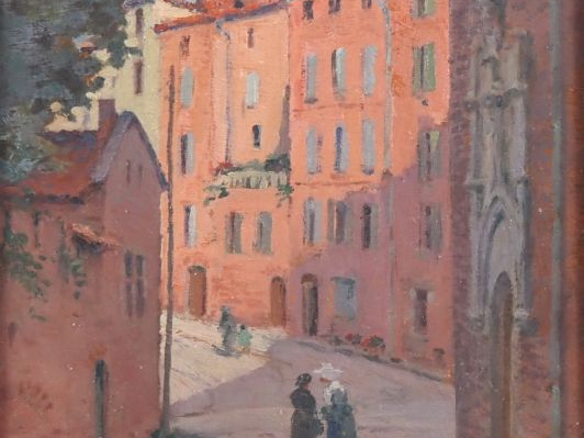 LIOZU.  "Village du midi animé" Huile sur panneau, signée en bas à gau