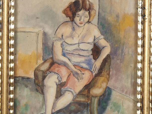 PASCIN.  "jeune fille déshabillée sur un fauteuil club" Aquarelle, cac