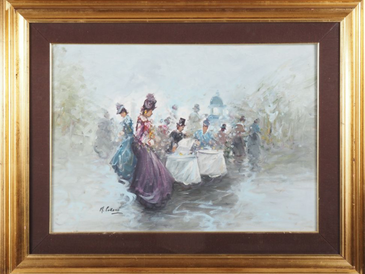 Mario PASSONI.  "Terrasse de café parisien animée" Huile sur toile, si