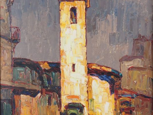 Louis PASTOUR.  "Eglise, soleil d'orage" Huile sur carton, signée en b