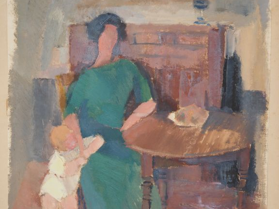 SIGRIST.  "jeune mère et son bébé dans un intérieur" Technique mixte s