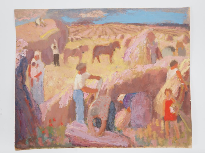 SIGRIST.  "les moissons"  Technique mixte sur papier, signée en bas à 