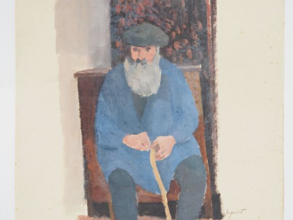 SIGRIST.  "le vieil homme au béret" Gouache sur papier, signée en bas 