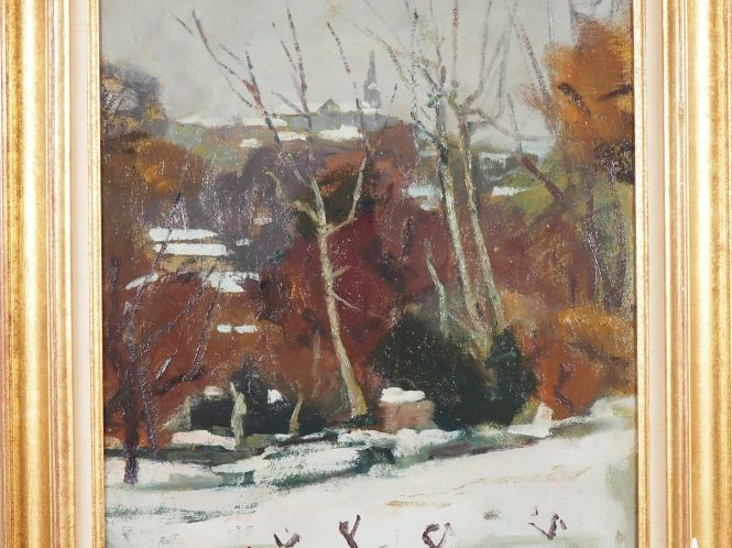 Paul SURTEL.  "Paysage d'hiver" Huile sur carton, signée en bas à droi