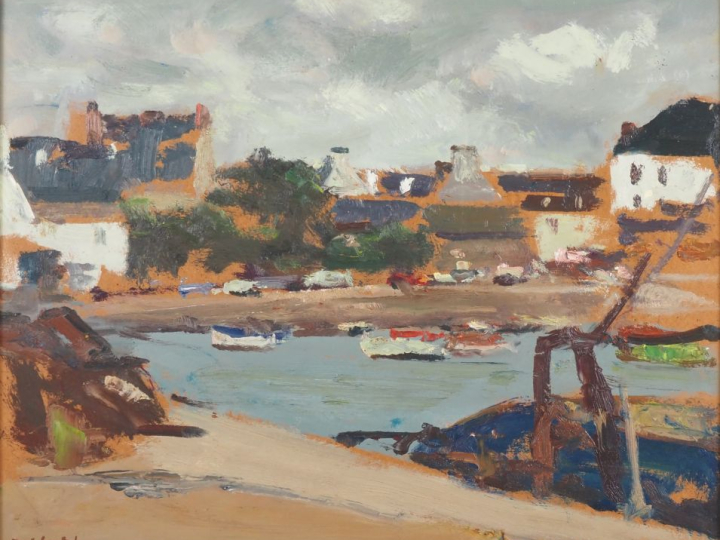 Paul SURTEL.  "Lesconil près de Bénodet" Huile sur panneau, signée en 