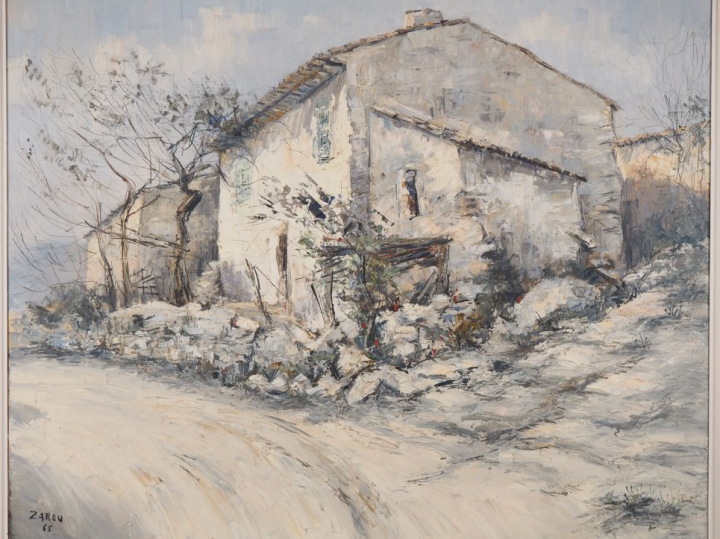 ZAROU.  "Le vieux mas en hiver" Huile sur toile, signée en bas à gauch