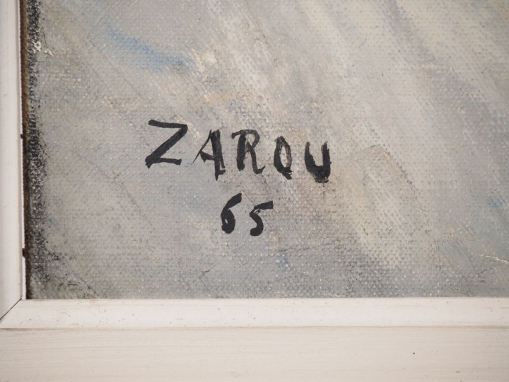 ZAROU.  "Le vieux mas en hiver" Huile sur toile, signée en bas à gauch