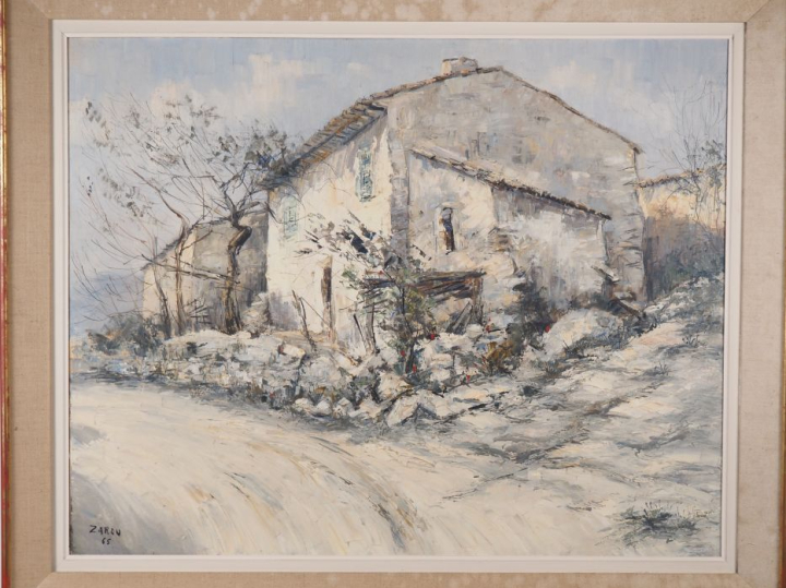 ZAROU.  "Le vieux mas en hiver" Huile sur toile, signée en bas à gauch