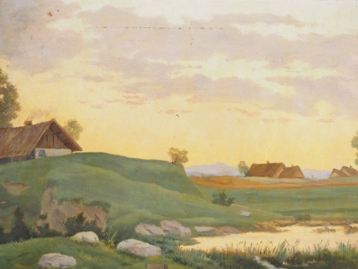 Ecole française fin XIXème.  "paysage lacustre au crépuscule" Huile su
