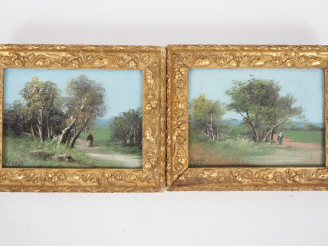 Vente aux enchères Ecole française XXème "paysages animés" Paire d'huiles sur panneau, si