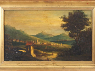 Vente aux enchères Ecole française XIXème. "paysage lacustre animé" Huile sur toile Dim. 