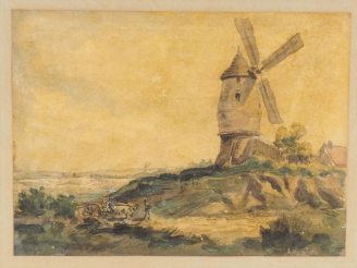 Vente aux enchères Ecole française fin XIXème début XXème.  "paysage au moulin" Aquarelle