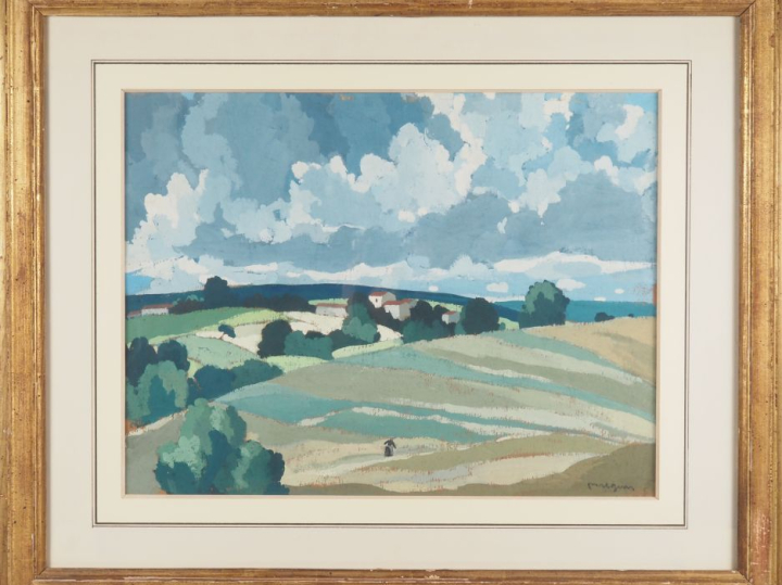 Ecole française XXème.  "paysage animé" Gouache, signée en bas à droit