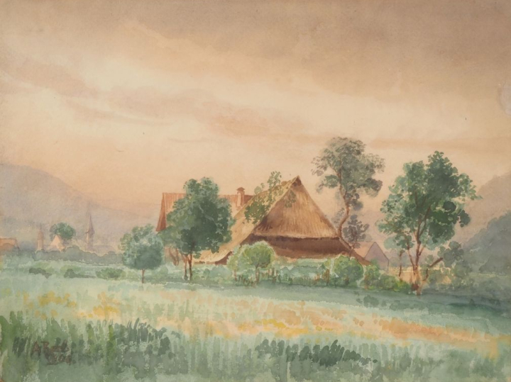 Ecole française début XXème.  "maison au toit de chaume" Aquarelle, si
