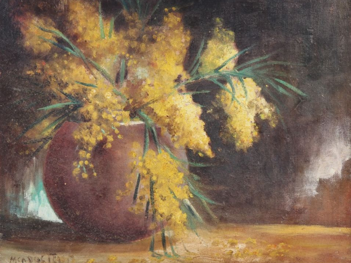 Ecole française XXème.  "bouquet de mimosas" Huile sur toile, signée e