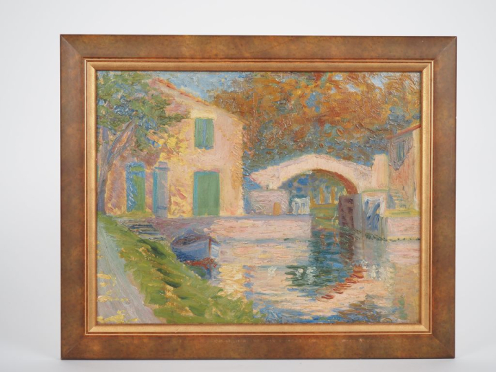 Ecole française XXème. "le canal en été" Huile sur toile  Dim. À vue :