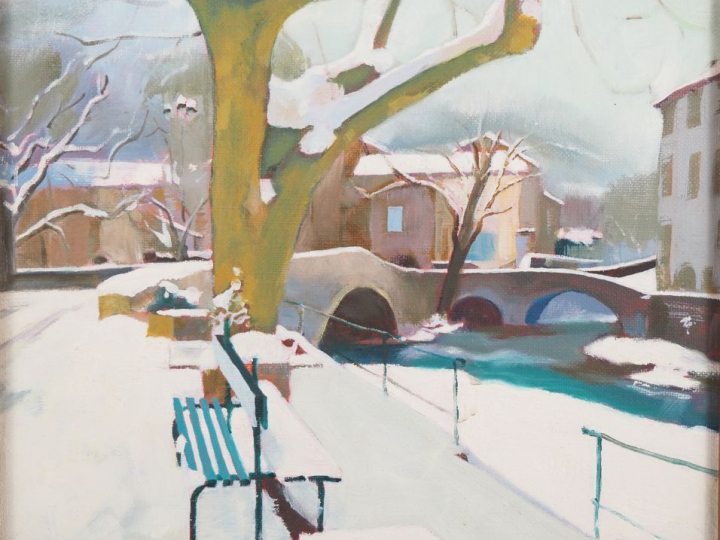 Ecole française XXème. "village sous la neige" Huile sur toile Dim. 22
