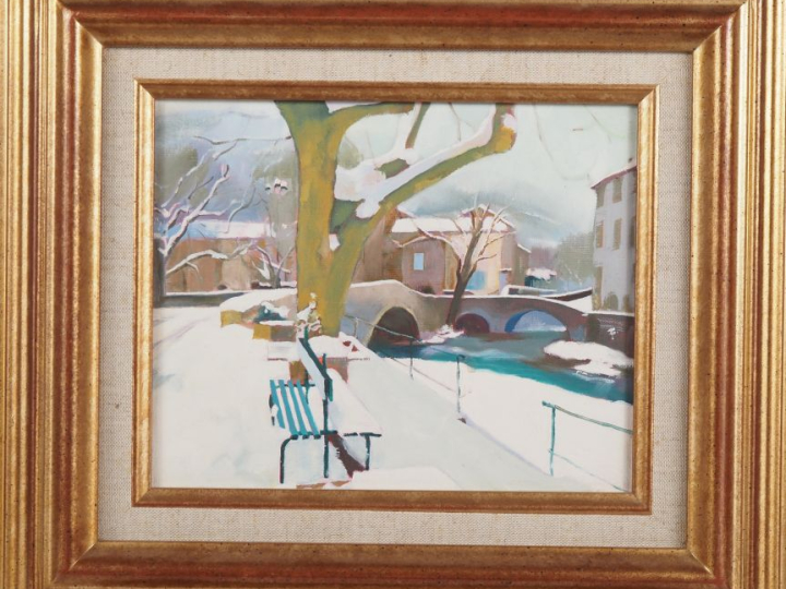 Ecole française XXème. "village sous la neige" Huile sur toile Dim. 22
