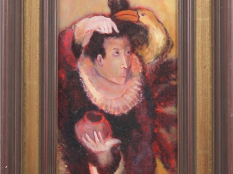 Vente aux enchères Ecole française XXème.  "personnage au cygne" Huile sur toile, signée 