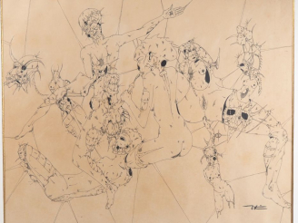 Vente aux enchères Ecole française XXème.  Grand dessin érotique et fantastique à l'encre