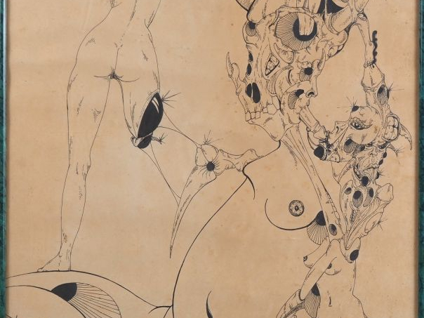 Ecole française XXème.  Dessin érotique et fantastique à l'encre signé