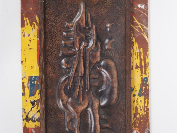 Ecole française XXème. "Composition". Plaque en cuivre à motifs cubist