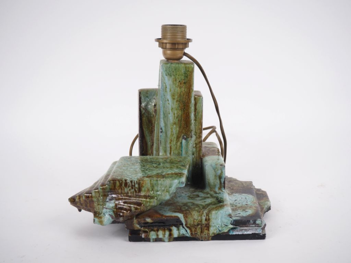 Lampe en céramique moderne à décor mêlé vert et brun, abat-jour en ver