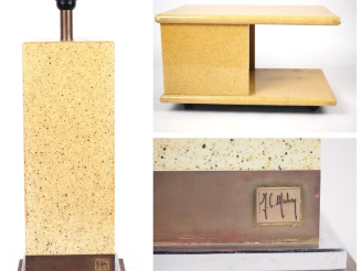 Vente aux enchères Jean Claude MAHEY.  Desserte roulante et sa lampe en composition à l'i