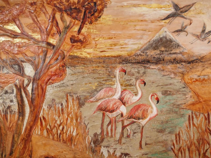 Ecole française XXème.  "flamants roses dans un paysage lacustre" Gran