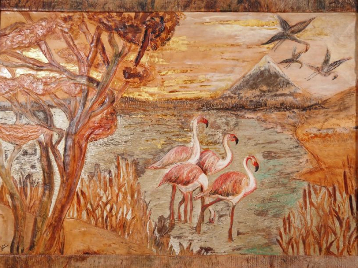 Ecole française XXème.  "flamants roses dans un paysage lacustre" Gran