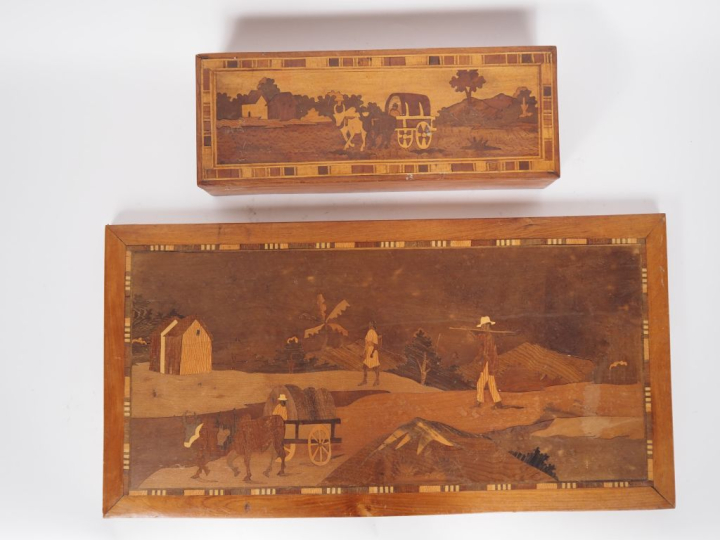 Coffret et cadre en marqueterie, "le labeur au champ". Dim. 8 x 38 x 1