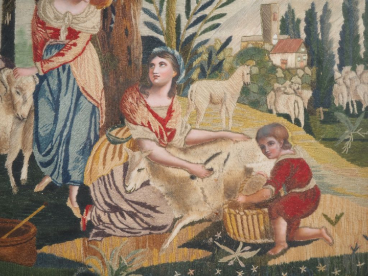 Soie brodée Directoire, "pastorale", visage aquarellés. Dim. 50 x 54 c