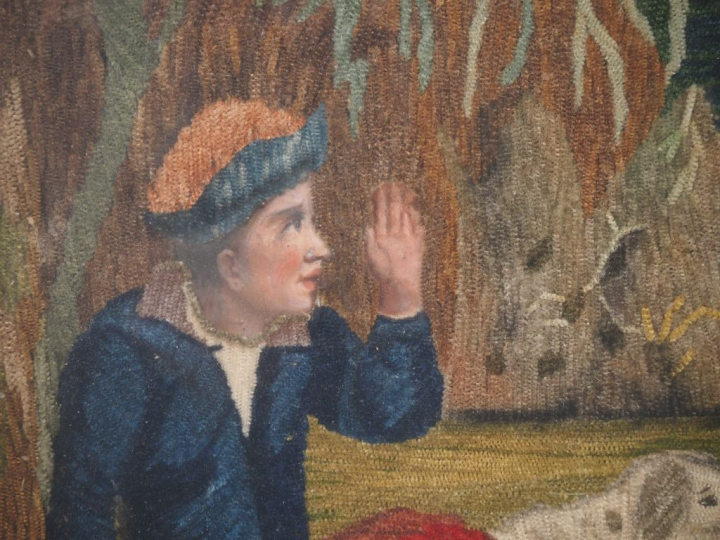 Soie brodée Directoire, "pastorale", visage aquarellés. Dim. 50 x 54 c