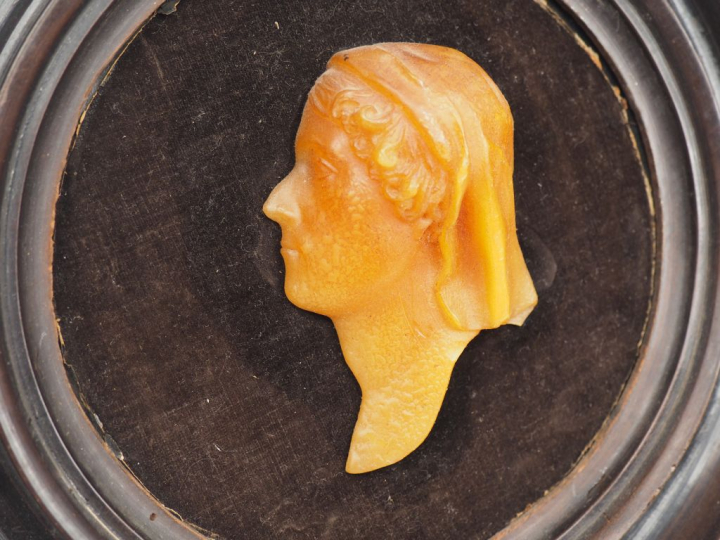 Portrait de femme 1900 en cire dans un encadrement en bois et velours.