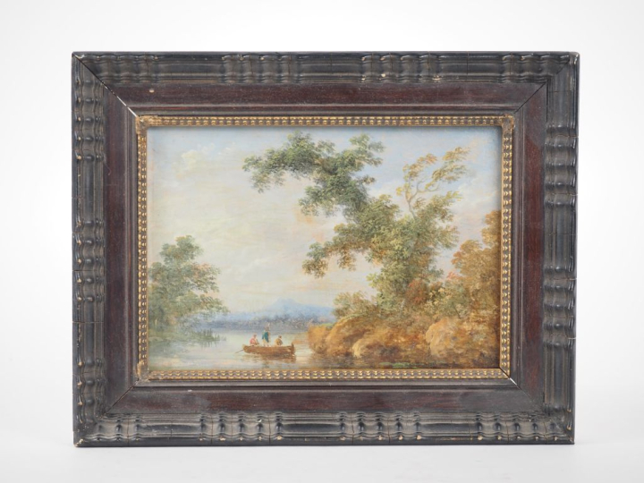 Ecole française vers 1900. "Barque sur le lac". Huile sur panneau. Dim
