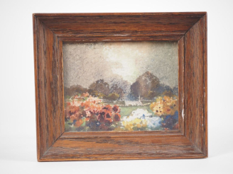 Vente aux enchères ZUBER. "Paysage au hortensias". Aquarelle. Dim. 7 x 8 cm.