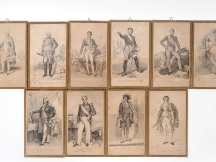 Suite de 14 gravures en noir figurant les "Maréchaux de France". Dim. 