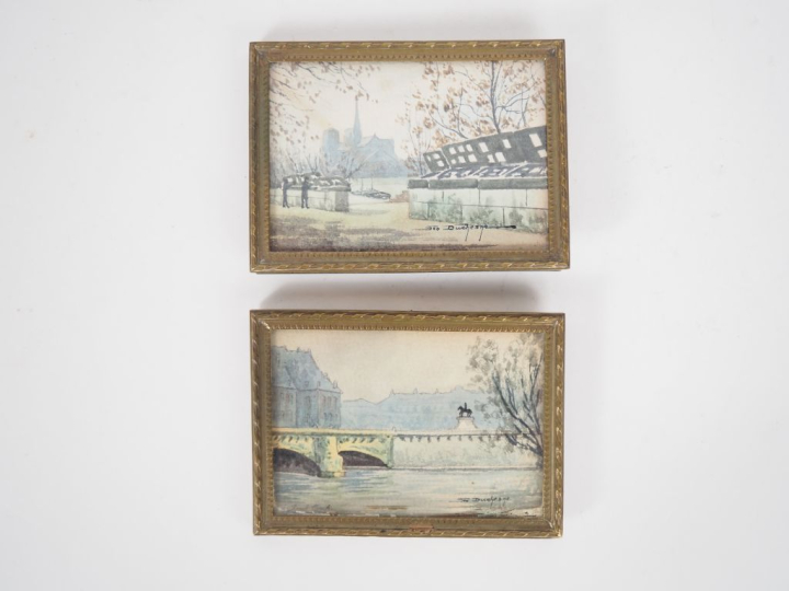 DUCHESNE. Paire d'aquarelles, "vue de la Seine à Paris". Signées en ba