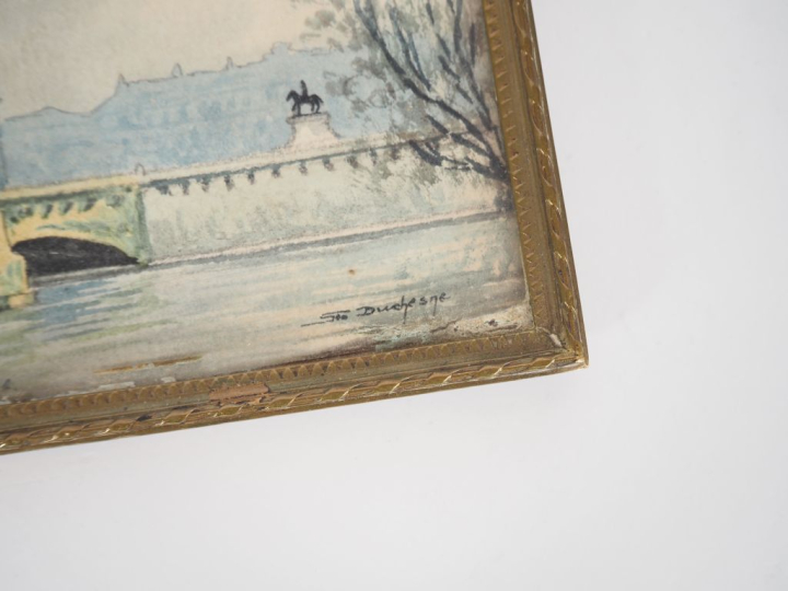 DUCHESNE. Paire d'aquarelles, "vue de la Seine à Paris". Signées en ba