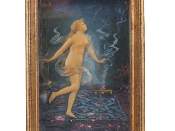 Composition Art Nouveau en cire polychrome, "jeune fille au bain", sig