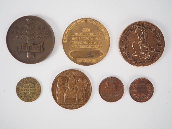 Sept différentes médailles en bronze ou métal d'après Crouzat, Johnson