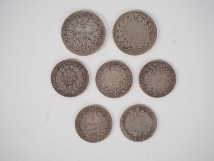 7 monnaies en argent type Cérès. Poids. 44 g.