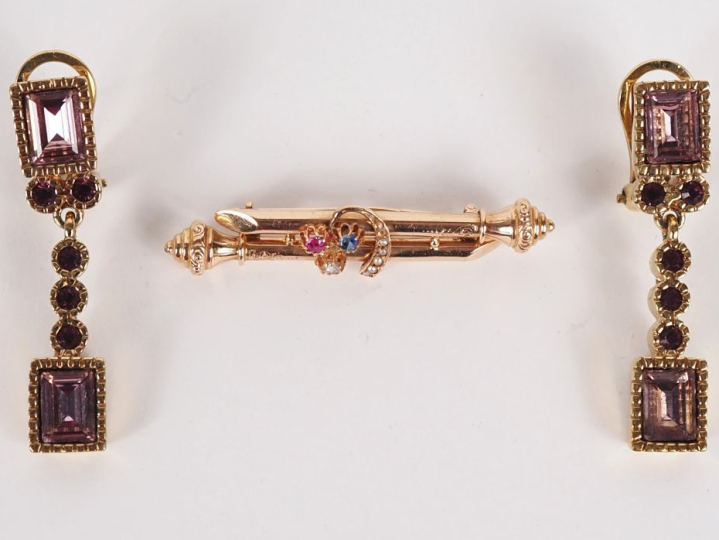 Broche barrette en plaqué or, sertie de pierres fantaisie et de petite