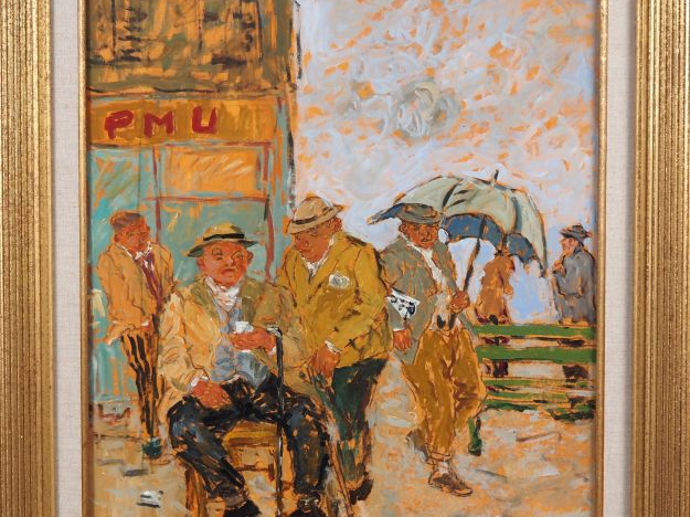 Marc CLAUZADE. "les amis du café PMU" Huile sur panneau, signée en bas